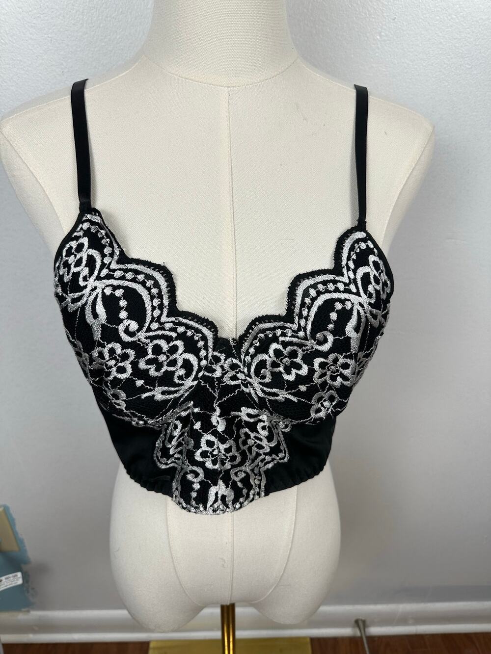 Vintage Embroidered Corset Top Black Silver Floral Lace Bustier Crop Tank 0XL